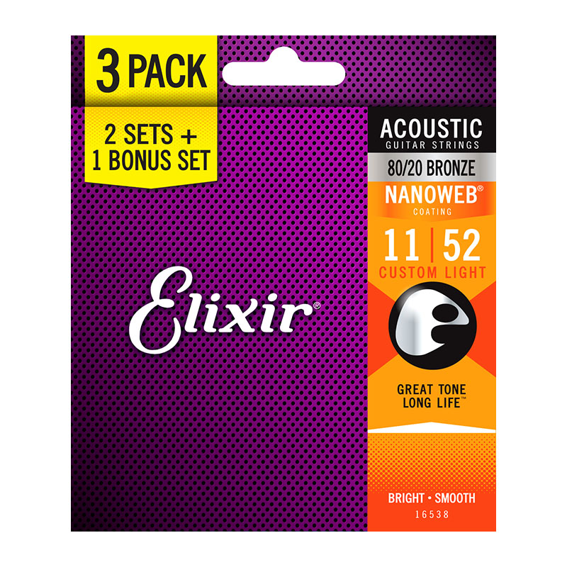 Elixir E16538 Custom Light1152 Acoustic Guitar Strings Nanoweb 8020