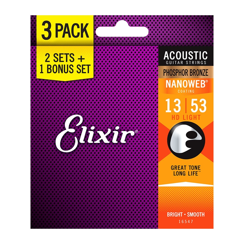 Elixir E16547 HD Light 13 53 Acoustic Guitar Strings Nanoweb Phosphor Bronze Three Pack